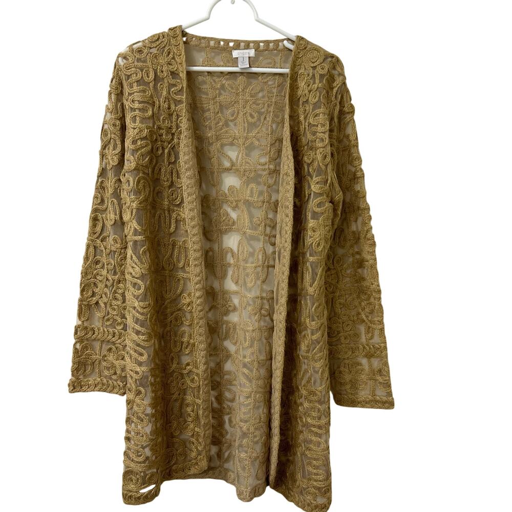 Chico's Womens Sz 1/ Medium Tan Mesh & Soutache Open Front Duster Cardigan Boho